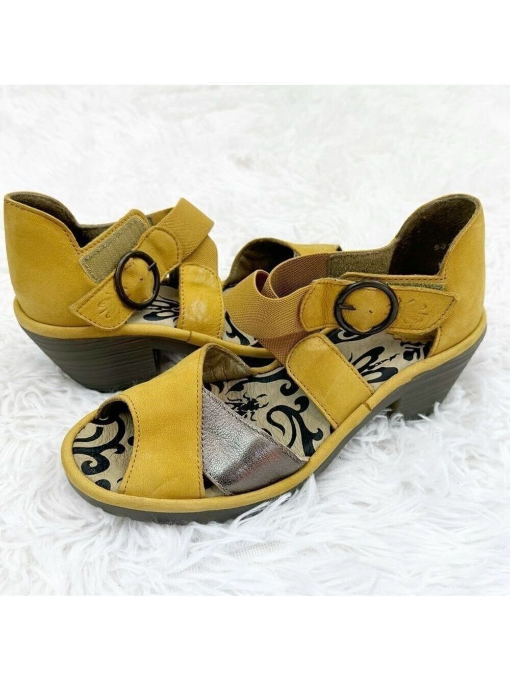 Fly London Criss Cross Metallic Peep Toe Heeled Leather Sandals